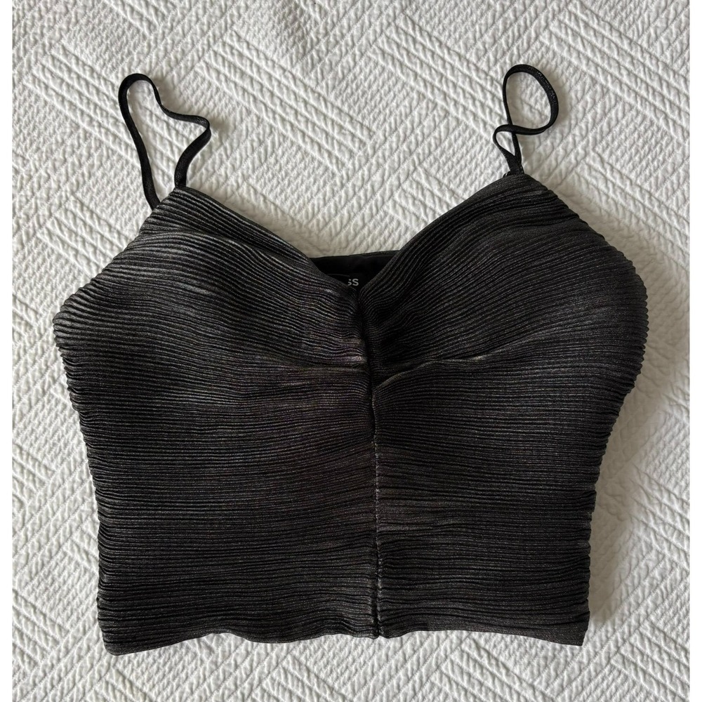 Express Women's Cropped Silver Black XS Spaghetti Strap Top Bow Party Ribbed